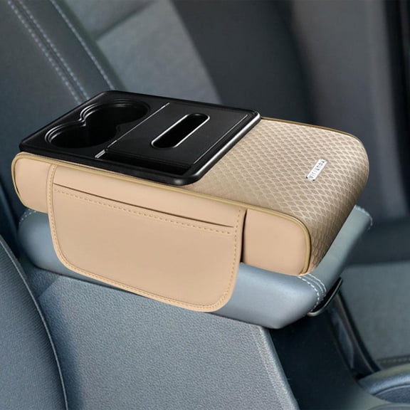 Abbraccia Car Armrest Pad PU Leather Center Console Organizer Interior Storage Box with Cup Holders And Phone Slot Easy Installation Comfortable Suitable for Dr Beige