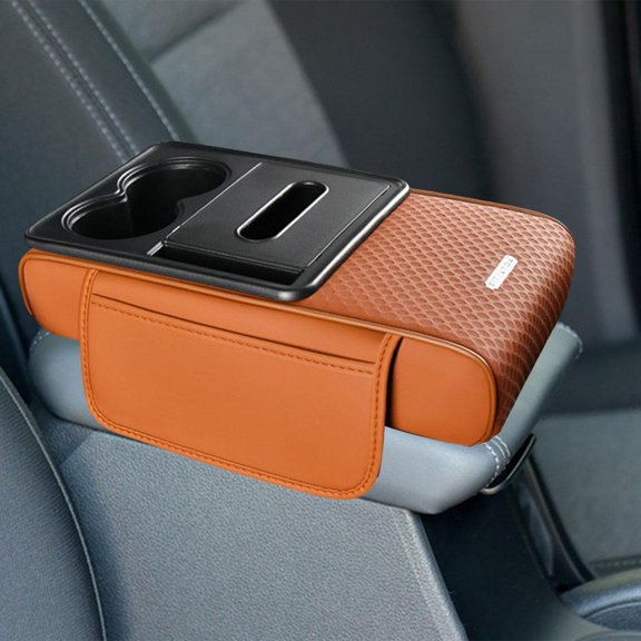 Abbraccia Car Armrest Pad PU Leather Center Console Organizer Interior Storage Box with Cup Holders And Phone Slot Easy Installation Comfortable Suitable for Dr orange