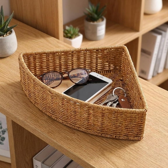 Abbraccia Corner Storage Basket Imitation Rattan Triangular Shelf Basket Triangle Corner Storage Box for Bedroom Pantry Closets Makeup