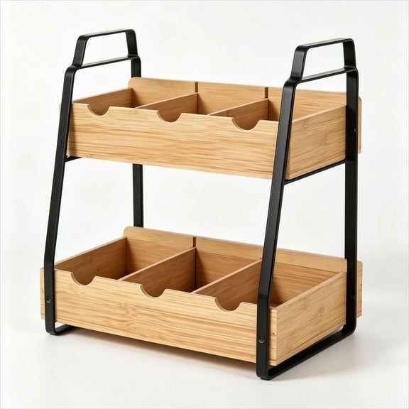 Abbraccia Countertop Storage Rack Two-tier Tabletop Organizer Double-layer Shelf Bamboo Wood with Black Metal Support for Kitchen Counter Student Desk