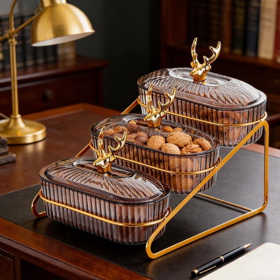 Abbraccia Dried Fruit Plate Appetizer Tray Serving Dish Snack Platter with Multi-Layered Construction And Decorative Elk Lid Made of PS Material for Living Room Gray