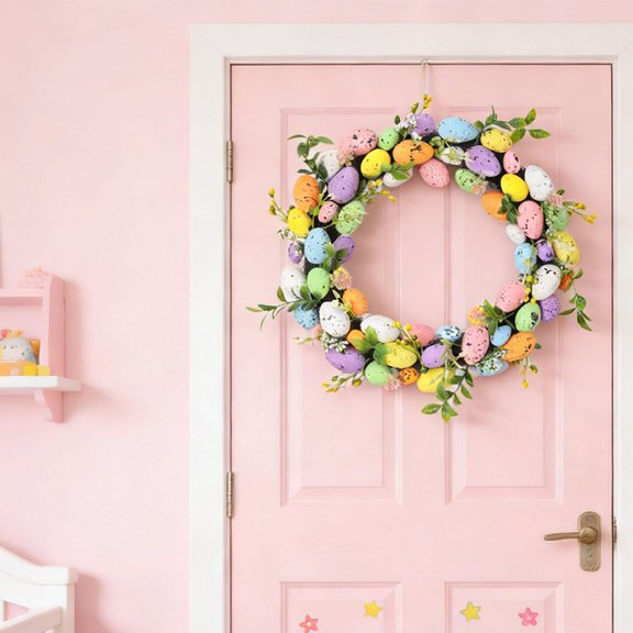 Abbraccia Easter Wreath Artificial Flower Garland Front Door Decorative Eggs Foam PP Circular Design for Indoor Outdoor Suitable for Gift Giving Home Decoration