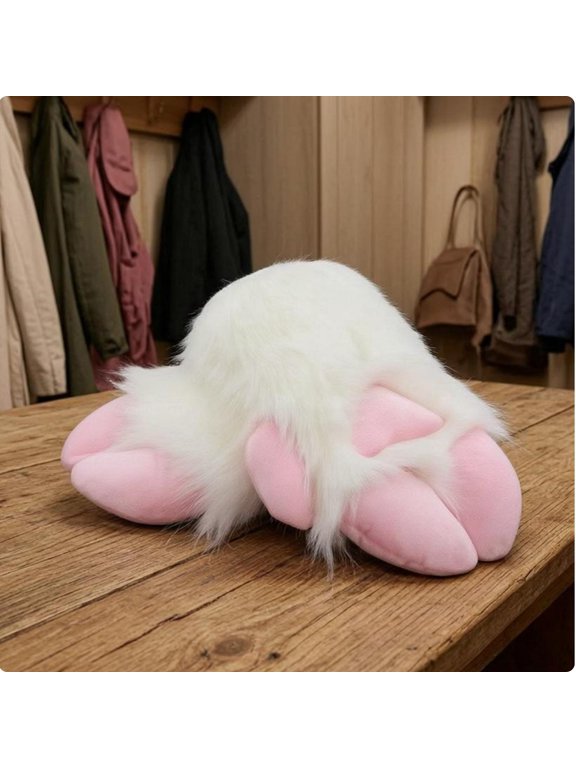 Furry Hoof Gloves Claw-Like Fingers Cosplay Gloves Padded Front Animal Paw Mittens for Fursuit Fans, Cosplayers Wht Fur Pnk Hoof