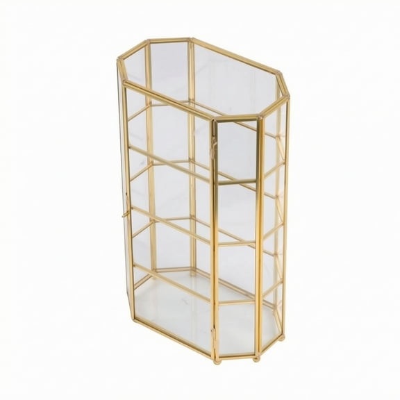 Abbraccia Glass Display Case Geometric Cabinet Organizer Gold Metal Frame Compact Vertical Design for Bedroom Living Room Vanity