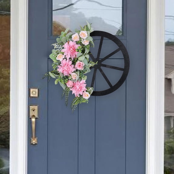 Abbraccia Spring Wreath Pink Artificial Flowers and Wheel Welcome Sign 43x42cm Spring Decoration Lifelike for Window Front Porch Sturdy