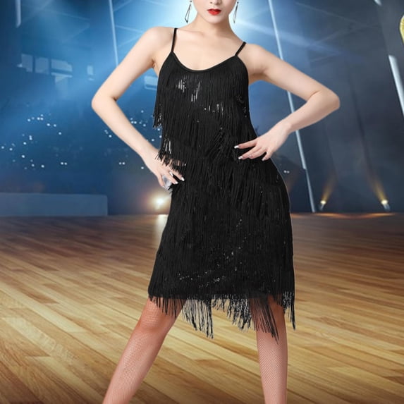 Abbraccia Women Sequin Tassel Dress Dress for Club Samba Tango Cha Cha Performance 2XL