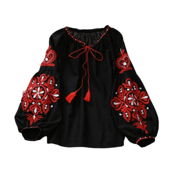 Abbraccia Women's Mexican Embroidered Tops, Elegant Bohemian for Beach Office Party Outdoor Black