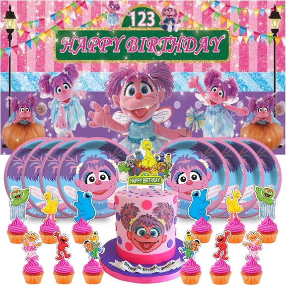 Abby Cadabby Birthday Party Decor Set - 5x2.3ft Backdrop Banner, Paper Plates, Cake Toppers & Fan Decorations