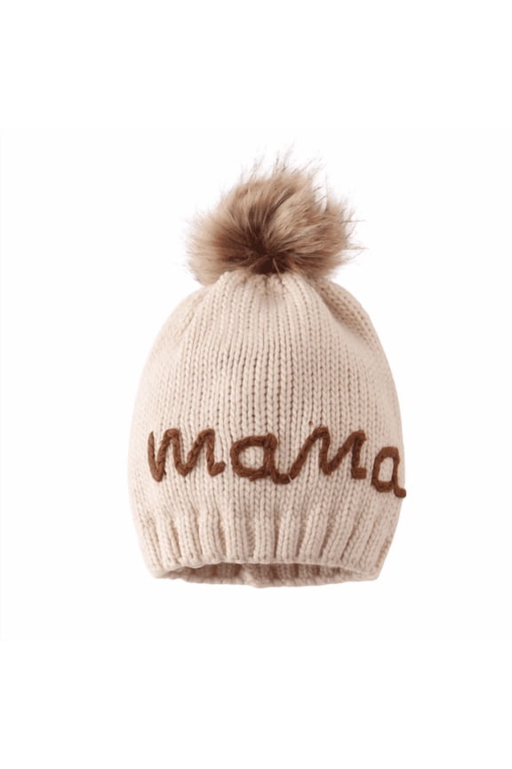 , Adult Winter MOMMY & ME Beanie Pom Pom Hat, Cream MAMA (Adult)