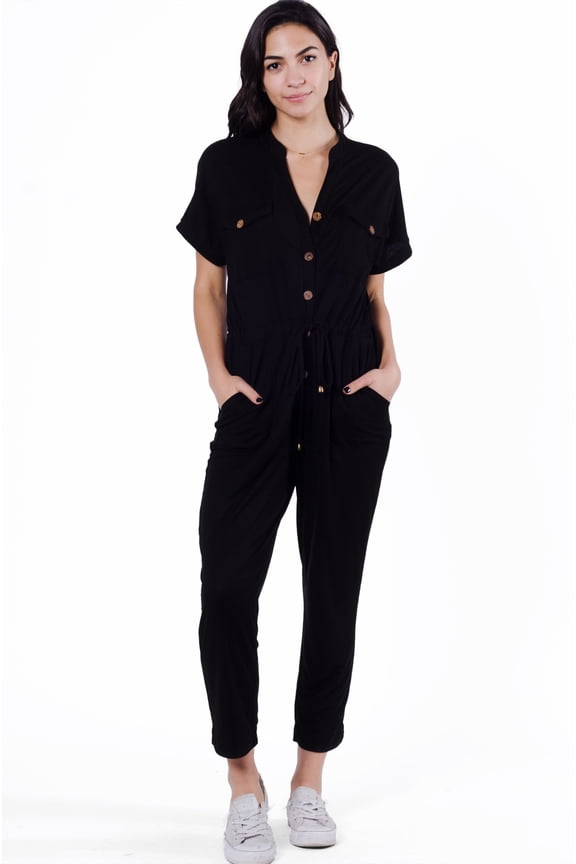Abby Utility Inspired Button Up Jumpsuit With Pockets