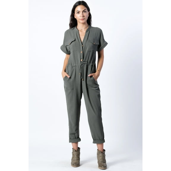 Abby Utility Inspired Button Up Jumpsuit With Pockets