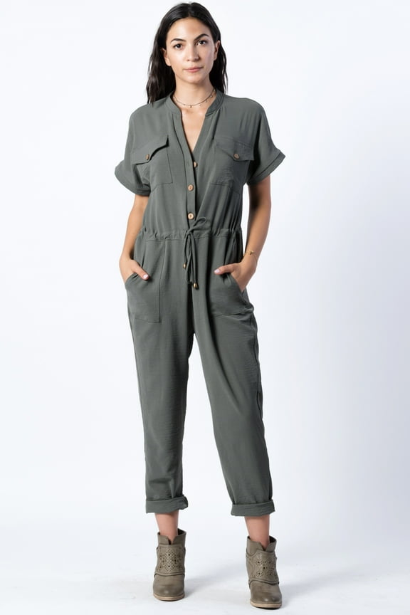 Abby Utility Inspired Button Up Jumpsuit With Pockets