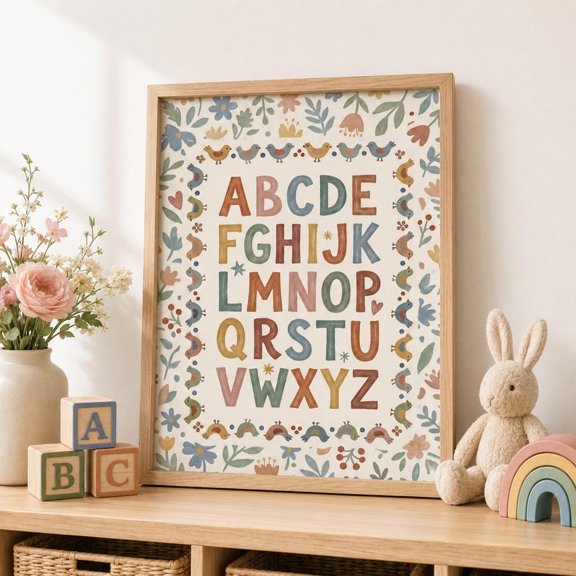 Abc Alphabet Nursery Wall Art Educational Print Floral Alphabet Preschool Learning Decor Toddler Room Art, Unframed Paper Print
