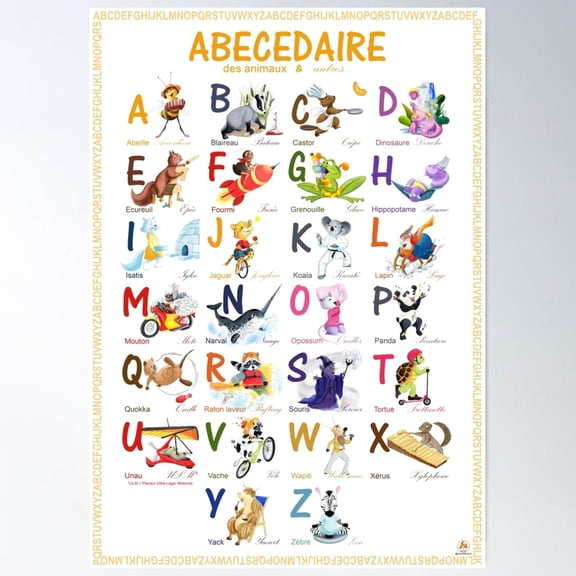 Abc Animals And Others In French For Children Poster Wall Art, Modern Wall Decor For Living Room Bedroom, 12x18 UNFRAMED