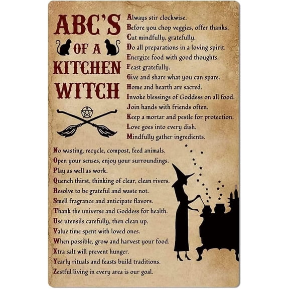 Abc's of A Kitchen Witch Metal Tin Signs Rules of Witchcraft Retro Posters Witch Halloween Plaque Decorations Home Farmhouse Cafe Wall Decor 8x12 inch