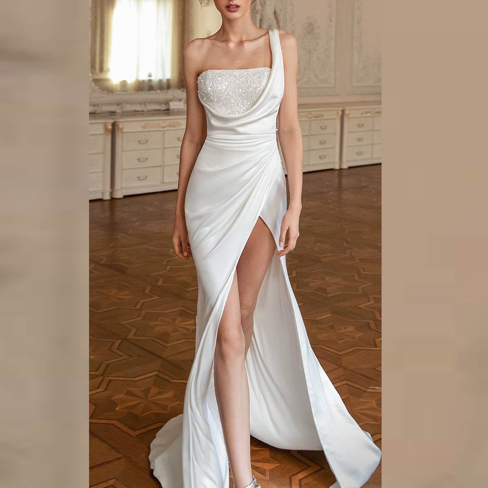 one shoulder white bridesmaid dresses Unique One Shoulder Long Sleeves Satin Mermaid Wedding Dress QW2688 US10 / White