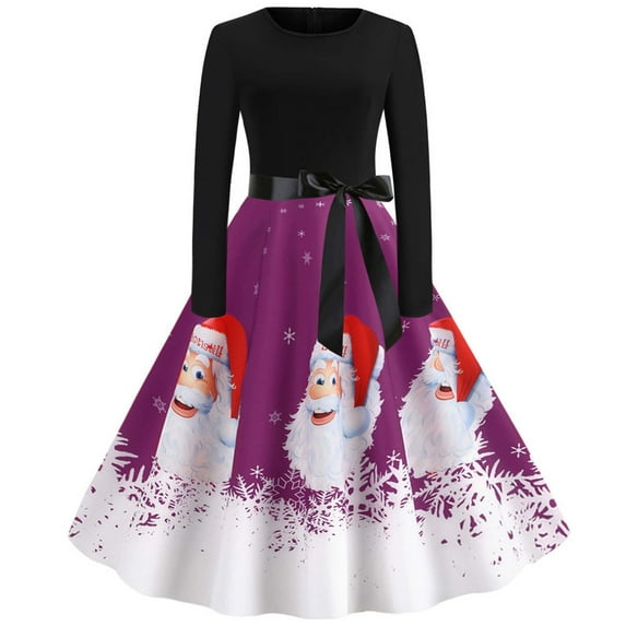 Abcnature Christmas Dress,Women Vintage Long Sleeve 50s Dresses,Xmas Printed Dress,A-line Retro Cocktail Swing Dress,Elegant O-Neck Christmas Evening Party Prom Dress,Dress for Women M