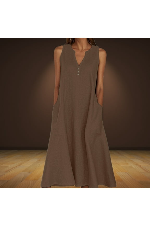 Dresses for Women Summer Casual A-line Dress Solid Color Print Sleeveless Long Dresses Oversized V-Neck Beach Flowy Midi Dresses with Pockets (S-5XL)