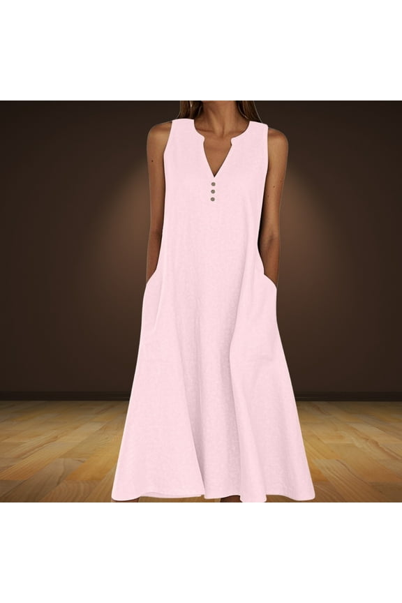 Dresses for Women Summer Casual A-line Dress Solid Color Print Sleeveless Long Dresses Oversized V-Neck Beach Flowy Midi Dresses with Pockets (S-5XL)