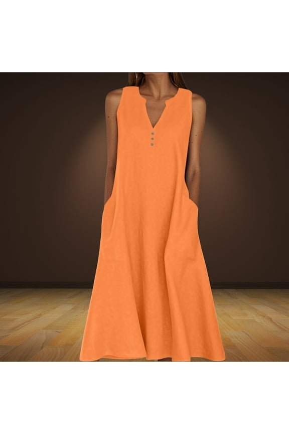 Dresses for Women Summer Casual A-line Dress Solid Color Print Sleeveless Long Dresses Oversized V-Neck Beach Flowy Midi Dresses with Pockets (S-5XL)