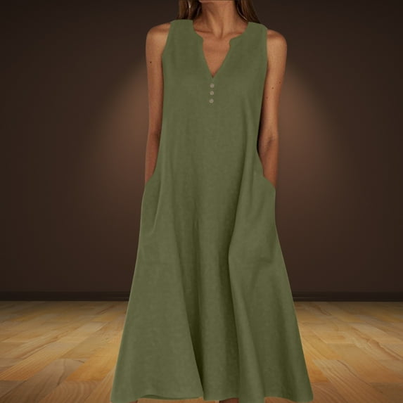 Abcnature Dresses for Women Summer Casual A-line Dress Solid Color Print Sleeveless Long Dresses Oversized V-Neck Beach Flowy Midi Dresses with Pockets (S-5XL)