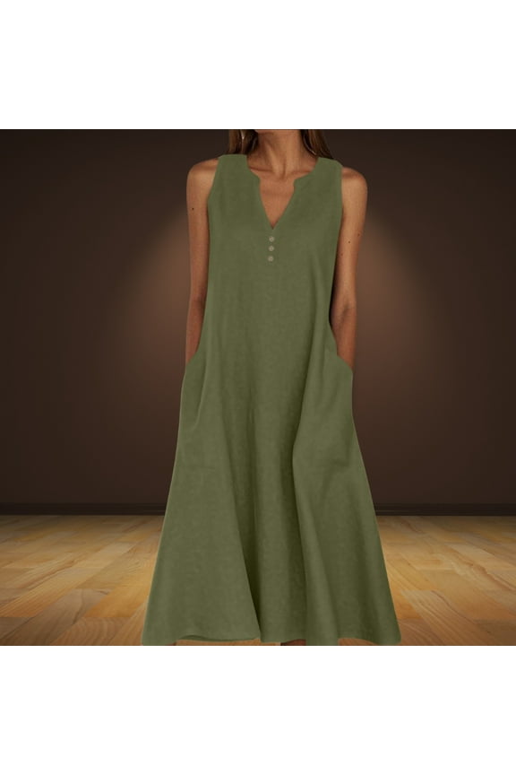 Dresses for Women Summer Casual A-line Dress Solid Color Print Sleeveless Long Dresses Oversized V-Neck Beach Flowy Midi Dresses with Pockets (S-5XL)