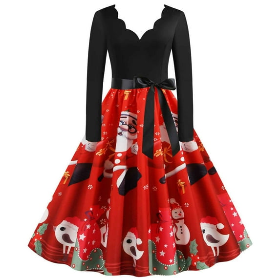 Abcnature Halloween Christmas Dresses,Long Sleeve Xmas Printed Dress,A-line Vintage Cocktail Holiday Party Dress,50s Housewife Evening Dress,V-Neck Elegant Princess Dress S