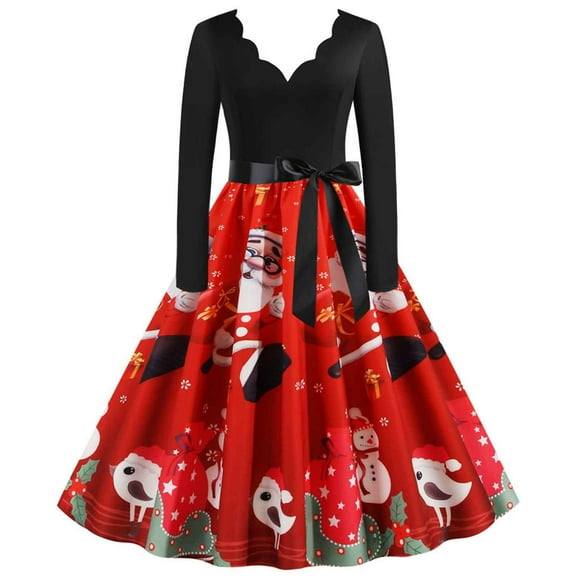 Abcnature Halloween Christmas Dresses,Long Sleeve Xmas Printed Dress,A-line Vintage Cocktail Holiday Party Dress,50s Housewife Evening Dress,V-Neck Elegant Princess Dress XL