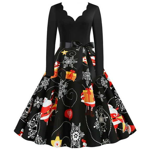 Abcnature Halloween Christmas Dresses,Long Sleeve Xmas Printed Dress,A-line Vintage Cocktail Holiday Party Dress,50s Housewife Evening Dress,V-Neck Elegant Princess Dress XXL