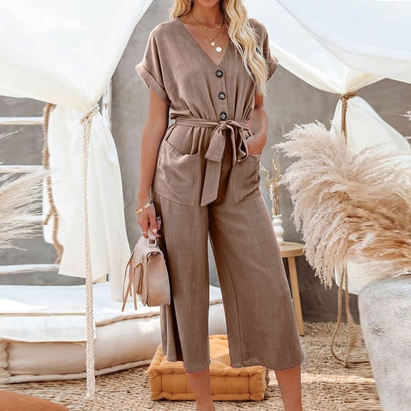 Abcnature Jumpsuits for Women Casual Loose Short Sleeve V-Neck Rompers Long Pants Elegant Button Down Straight Lace Up Loose Long Pants Belted Wide Legs Overall Recommend Weight 132 to 143lb