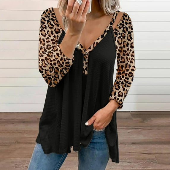 Abcnature Long Sleeve Shirts for Women, Fashion Fall Clothing Sexy Leopard Print V Neck Tunic Tops Casual Loose Comfy Zipper Tops Black XL