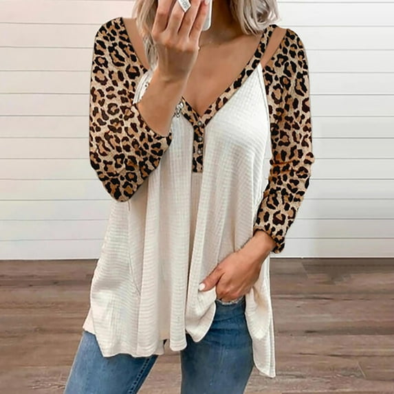 Abcnature Long Sleeve Shirts for Women, Fashion Fall Clothing Sexy Leopard Print V Neck Tunic Tops Casual Loose Comfy Zipper Tops White M