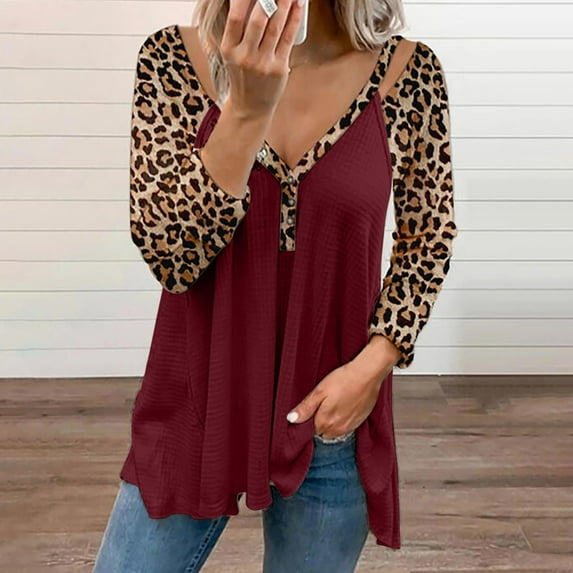 Abcnature Long Sleeve Shirts for Women, Fashion Fall Clothing Sexy Leopard Print V Neck Tunic Tops Casual Loose Comfy Zipper Tops Wine XXL