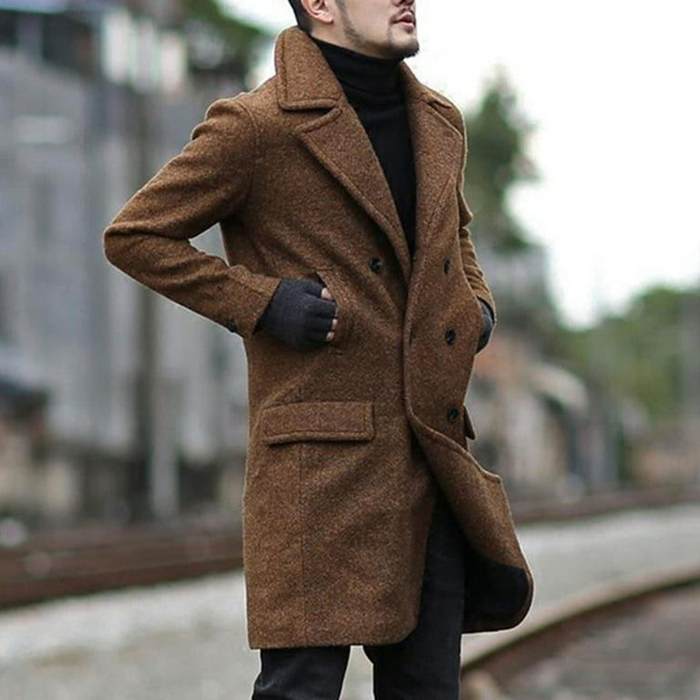 Mid-Length Woolen Coats Men's Single-Breasted Teen Khaki Slim Abrigos Hombre  Invierno Masculino Original Luxo Casacos De Brown