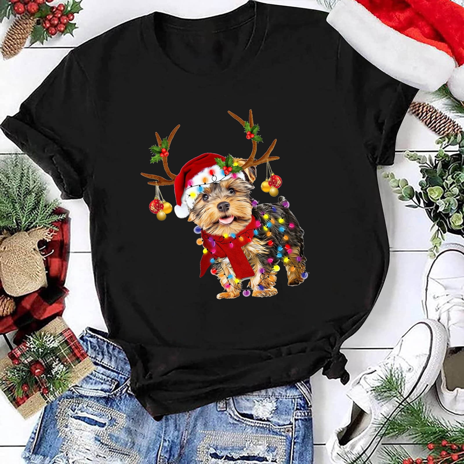 DESFSE Women's Merry Christmas T-Shirt - Buffalo Plaid Tree Graphic Short Sleeve Tee