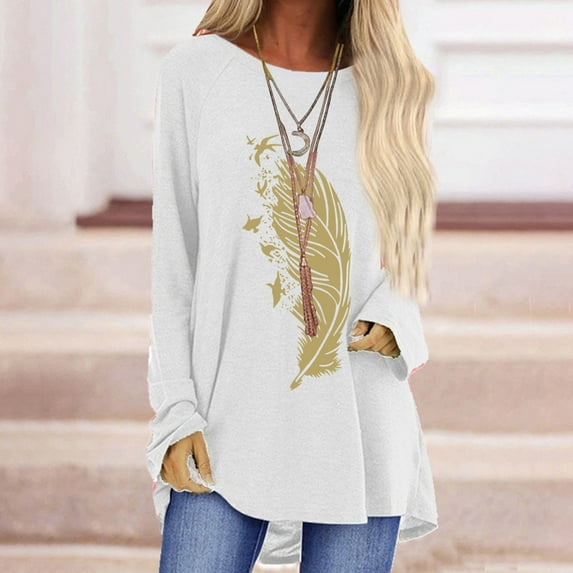 Abcnature Oversized Plus Size Women Casual Loose Long Sleeve Tops T Shirts Autumn Winter Feather Print High Low Hem T-shirt Ladies Raglan Shirt Tops Pullover Tee White S