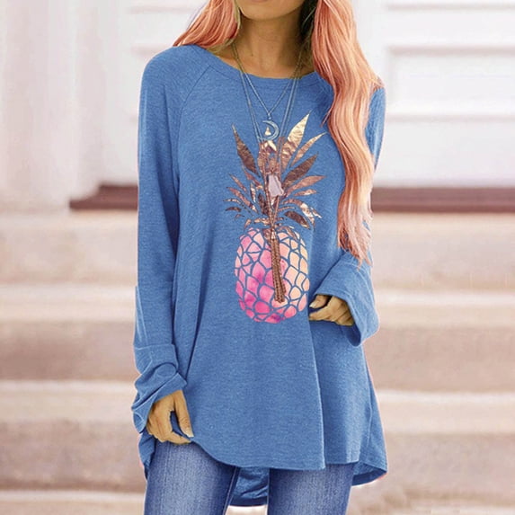 Abcnature Oversized Plus Size Women Casual Loose Long Sleeve Tops T Shirts Autumn Winter Pineapple Print High Low Hem T-shirt Ladies Raglan Shirt Tops Pullover Tee Blue XXL