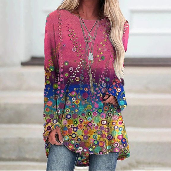 Abcnature Oversized Plus Size Women Casual Loose Long Sleeve Tops T Shirts Autumn Winter Print High Low Hem T-shirt Ladies Raglan Shirt Tops Pullover Tee Hot Pink S