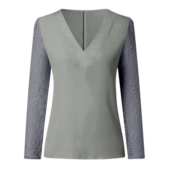 Abcnature Plus Size Women Lace Solid Shirt Splicing Long Sleeve Slim Blouse V-Neck Tops Shirt Gray L