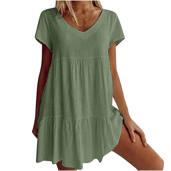 Abcnature Summer Dress Savings Clearance Deals, Casual Dresses for Women Casual V-Neck Short Sleeve Folding Solid Dress, Plus Size Dress Beach Sundresses Mini Dress Green M