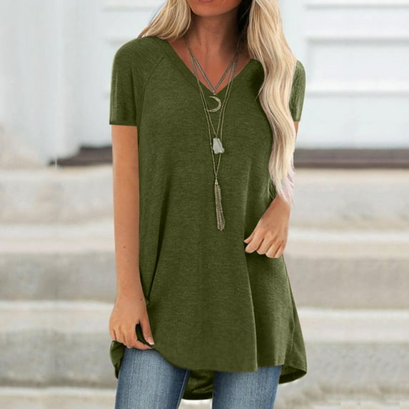 Abcnature Summer Tops for Women Short Sleeve Side Split Casual Loose Tunic Top Plus Size V-Neck T-shirt Green 3XL