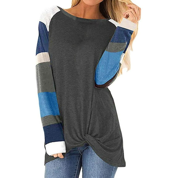 Abcnature Women Autumn Casual T-shirts Autumn Loose Round Neck Contrast Stitching Long Sleeve Blouse Tunic Sweatshirt Pullover Tops Dark Gray M