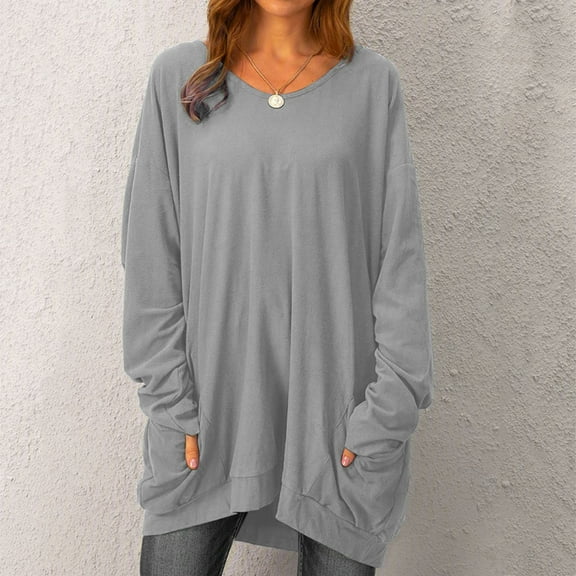 Abcnature Women Autumn Winter Long Sleeve Blouse Casual Pocket Midi Tunic Knitted Tops Pullover Loose Long Round Neck T Shirt Gray XL