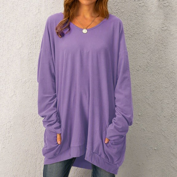 Abcnature Women Autumn Winter Long Sleeve Blouse Casual Pocket Midi Tunic Knitted Tops Pullover Loose Long Round Neck T Shirt Purple S