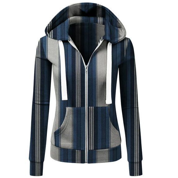Abcnature Women Casual Hooded Pockets Stripe Zipper Long Sleeve Tops Sweatshirt Coat Plus Size Tops for Ladies Autumn Winter Casual Loose Tunic Blouse Navy L
