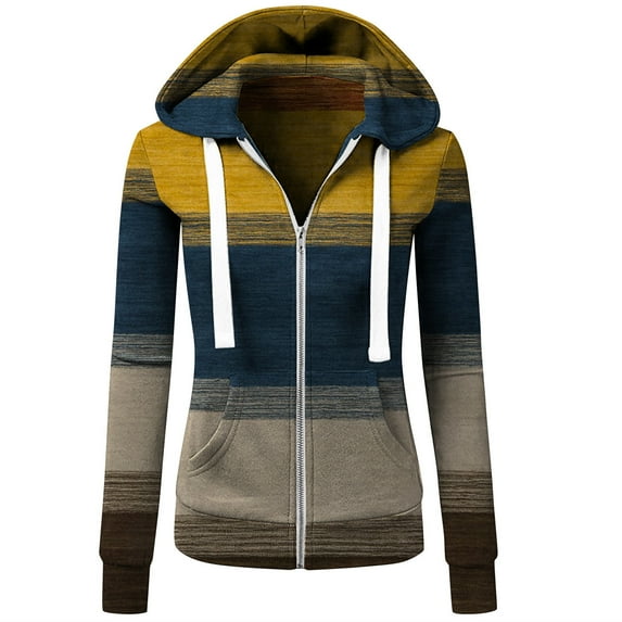 Abcnature Women Casual Hooded Pockets Stripe Zipper Long Sleeve Tops Sweatshirt Coat Plus Size Tops for Ladies Autumn Winter Casual Loose Tunic Blouse Yellow L