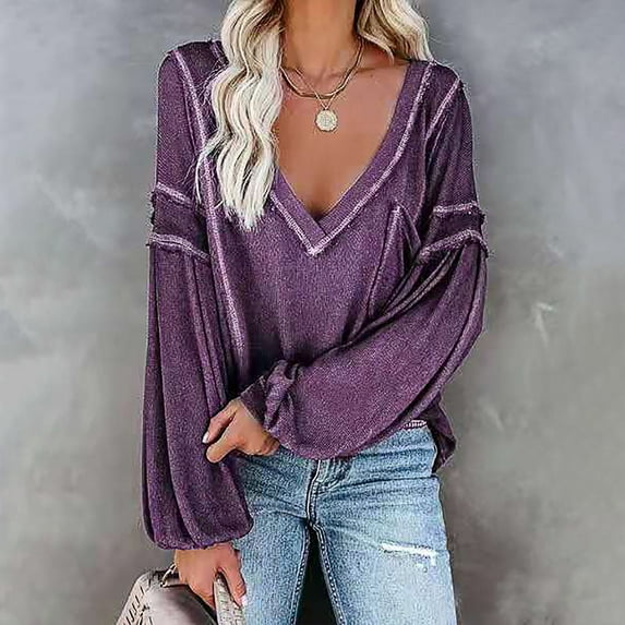Abcnature Women Casual Long Sleeve Henley Raglan T Shirts Patchwork Tunic V Neck Button Blouse Tops Purple S