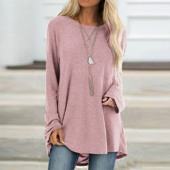 Abcnature Women Casual Loose Sweatshirt Long Sleeve Baggy Tunic Hem Blouse O-Neck Plain T Shirt Top Cute Pullover Cozy Comfy Baggy Jumper Oversize Tops Pink L