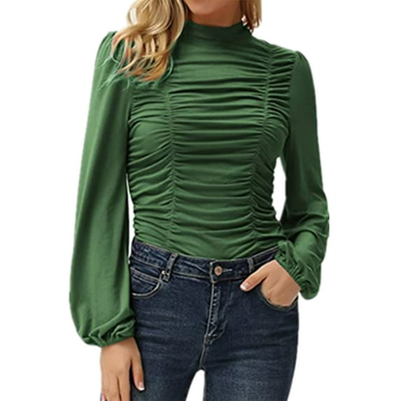 Abcnature Women Casual Solid Color Long Lantern Sleeve High Collar Pleated Slim T-Shirt Plus Size Tops for Ladies Autumn Winter Casual Loose Tunic Blouse Army Green M