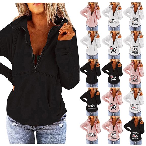 Abcnature Women Fall Winter Pullover V-Neck Zipper Long Sleeve Sweatshirts Casual Ladies Sweatshirts Pullovers Shirts Tops Sweaters for Women Black L